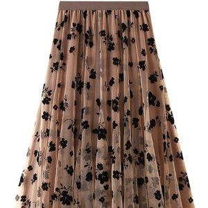 High Waisted Elastic Tulle Pleated Midi Skirt